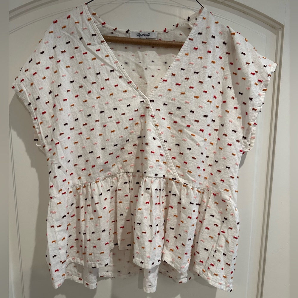 Madewell Peplum crossover top in rainbow clip dot